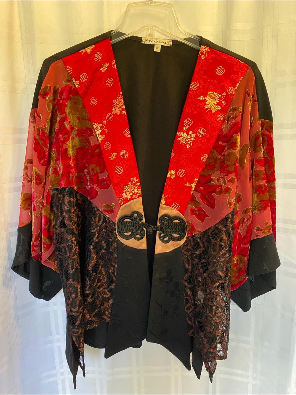 Spencer Alexis Vintage Red and Black Lace Asian Patchwork Kimono Jacket XL